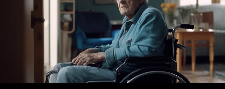 Hombre de edad avanzada en silla de ruedas en un centro de rehabilitación