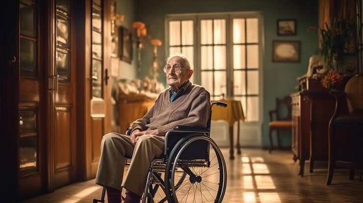 Hombre de edad avanzada en silla de ruedas en un centro de rehabilitación