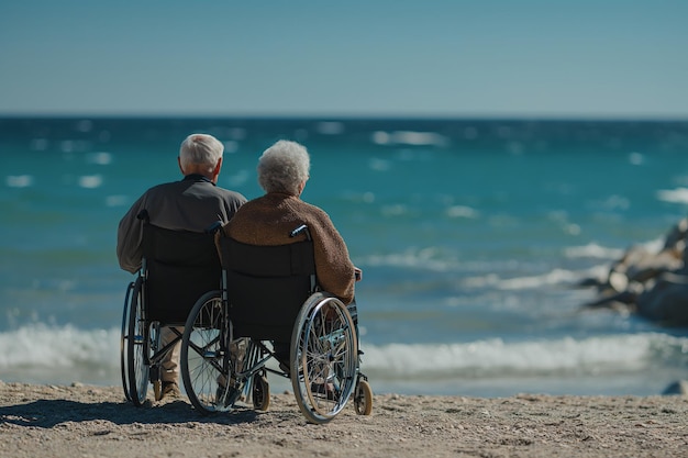 Hombre de edad avanzada en silla de ruedas disfrutando juntos de tiempo con su esposa en el mar