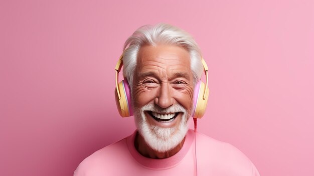 Hombre de edad avanzada sonriente con un suéter rosa disfrutando del ritmo de la música fuerte a través de sus auriculares