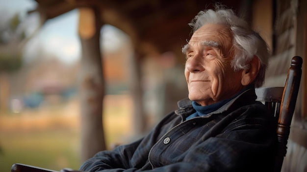 Hombre de edad avanzada con una sonrisa serena en una silla de balanceo antigua en el porche Concepto Hombre de idade avanzada Sonrisa serena Silla de balanceo antiga Porche sesión de fotos al aire libre