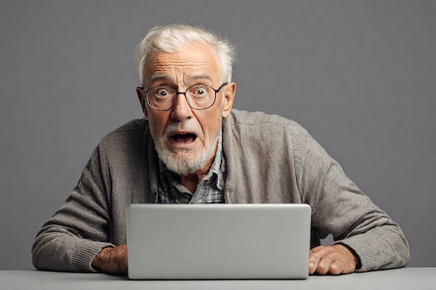 Hombre de edad avanzada sorprendido con cabello gris mirando la pantalla de la computadora portátil aislada sobre un fondo gris