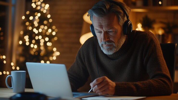 Hombre de edad avanzada trabajando en luces de Navidad de portátil
