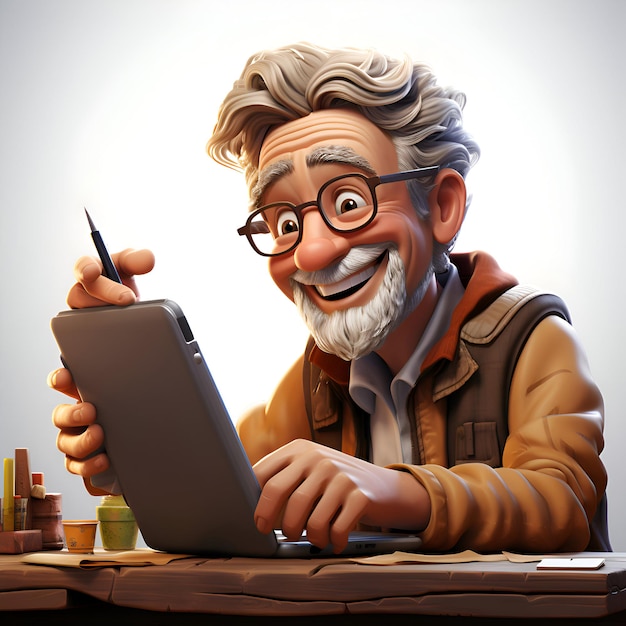 Hombre de edad avanzada trabajando en su computadora portátil ilustración 3D
