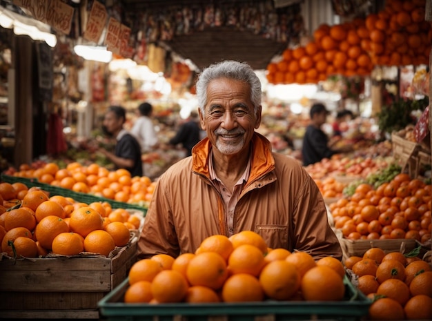 Hombre de edad avanzada vendiendo naranjas frescas en el mercado al aire libre mostrando la cultura indígena