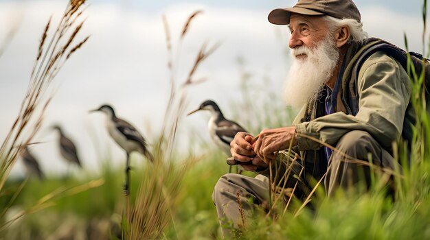 Foto hombre de edad observando pájaros en un pantano con un grupo de naturaleza