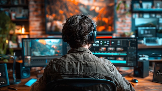 Un hombre editor de video frente a la pantalla