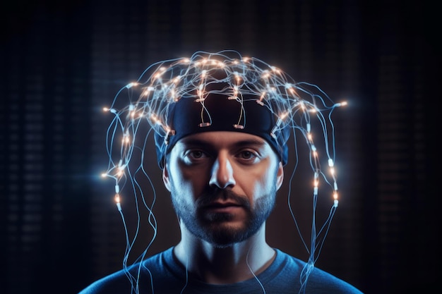Hombre con electrodos cerebrales casco futurista Investigación intelectual humana y capacidades de monitoreo Generar ai