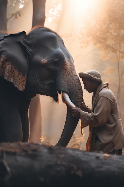 Un hombre y un elefante en el bosque.
