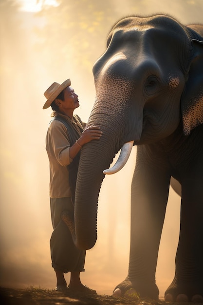 Un hombre con elefante en la ilustración de la foto de la puesta del sol