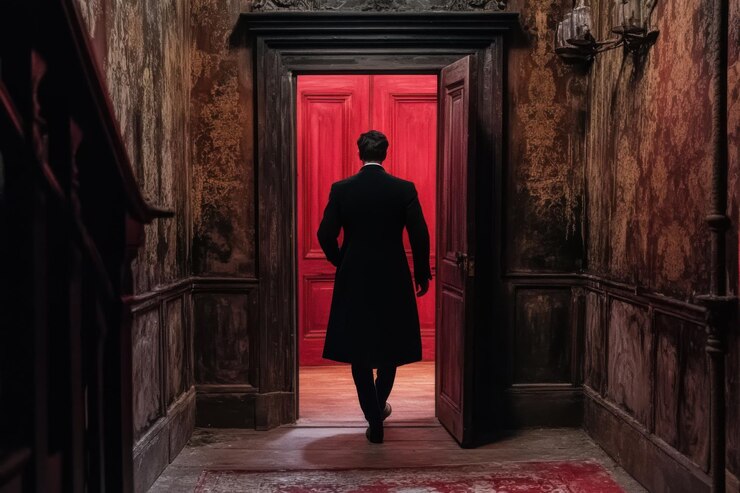 Hombre elegante con abrigo largo se aleja a través de la puerta roja en una vieja casa vintage