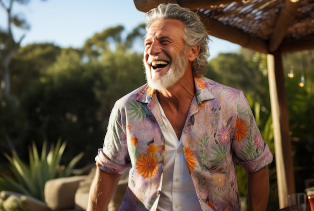 Un hombre elegante con barba blanca luciendo una camisa hawaiana