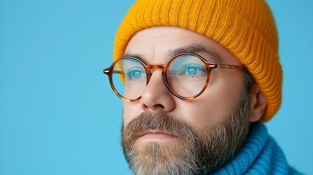 Hombre elegante con barba y gafas con gorro amarillo sobre fondo azul