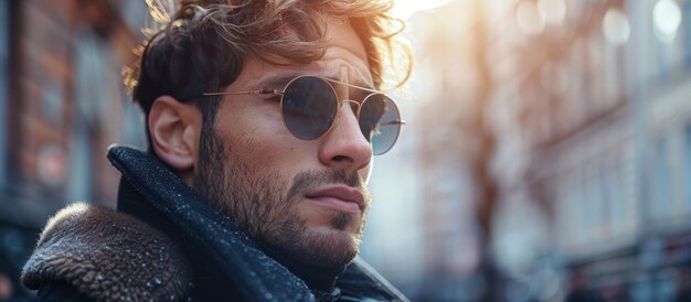 Hombre elegante con barba y gafas de sol en la calle de la ciudad