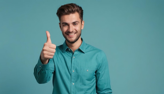 Un hombre elegante con una barba limpia dando un pulgar hacia arriba fondo azul su apariencia inteligente y positiva