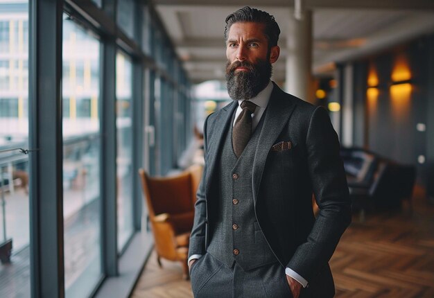 Hombre elegante y barbudo en traje de pie en una oficina moderna