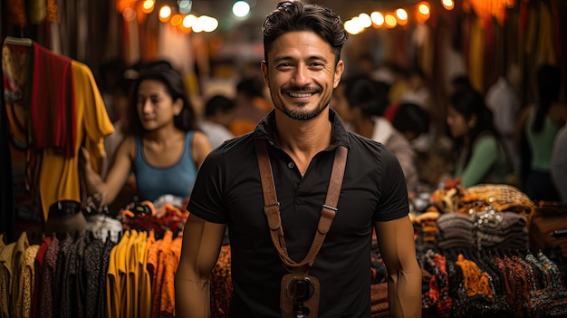 Hombre elegante en bazar lleno de gente