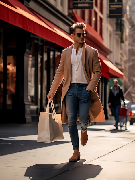 un hombre elegante con bolsas de compras caminando por la calle en SOHO Nueva York hombre de viajes con viajes