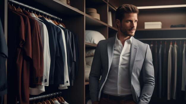 Hombre elegante en el camerino, estilo y moda masculina.