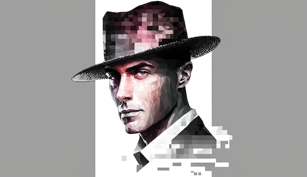 hombre elegante con cara pixelada y sombrero