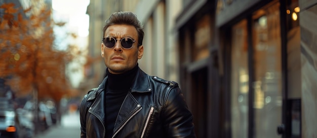 Hombre elegante con chaqueta de cuero negra y gafas de sol