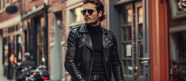 Hombre elegante con chaqueta de cuero negra y gafas de sol