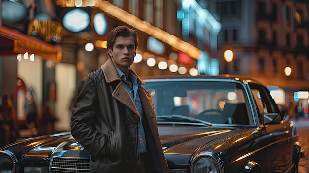 Un hombre elegante frente a un coche de lujo en una calle nocturna