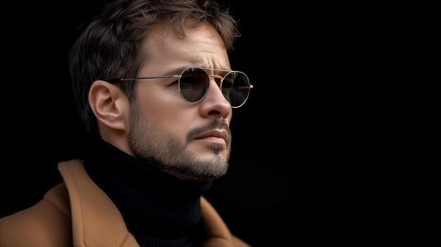 Hombre elegante con gafas de sol y abrigo de invierno posando al aire libre