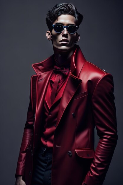 Hombre elegante con gafas de sol y con detalles rojos ropa IA generativa