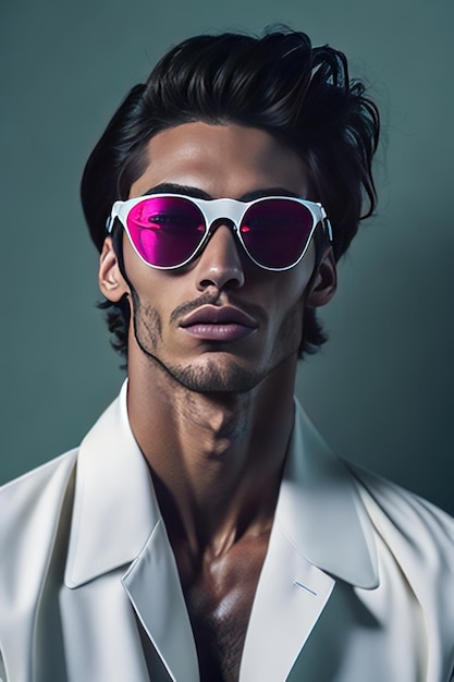 Hombre elegante con gafas de sol y ropa con detalles blancos AI generativa