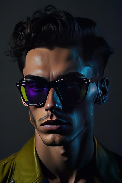 Hombre elegante con gafas de sol y ropa con detalles negros AI generativa