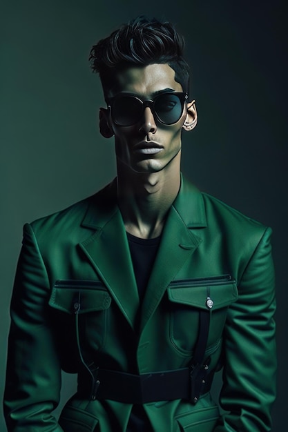 Hombre elegante con gafas de sol y ropa con detalles verdes AI generativa