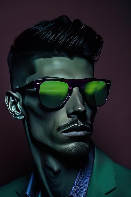 Hombre elegante con gafas de sol y ropa con detalles verdes AI generativa