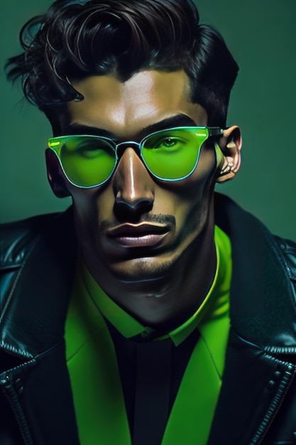 Hombre elegante con gafas de sol y ropa con detalles verdes AI generativa