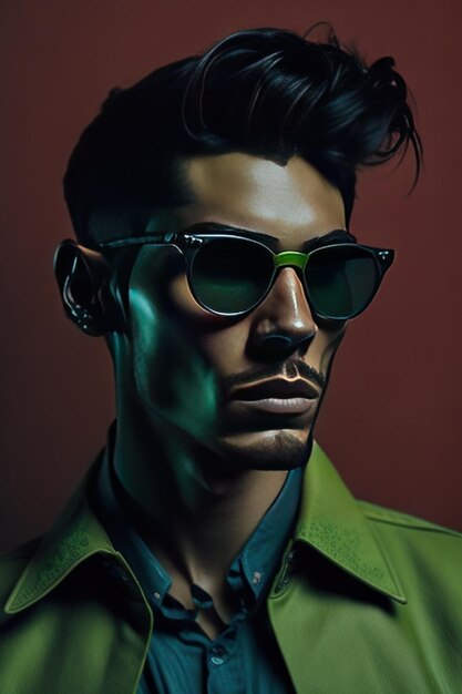 Hombre elegante con gafas de sol y ropa con detalles verdes AI generativa