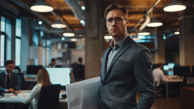 Hombre elegante y guapo con documentos en la oficina muestra sus habilidades profesionales