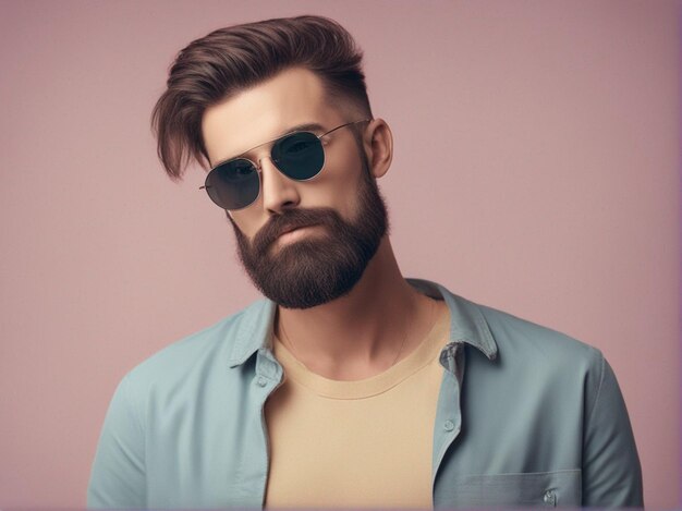 Hombre elegante con mirada de moda de barba sobre fondo Pastel