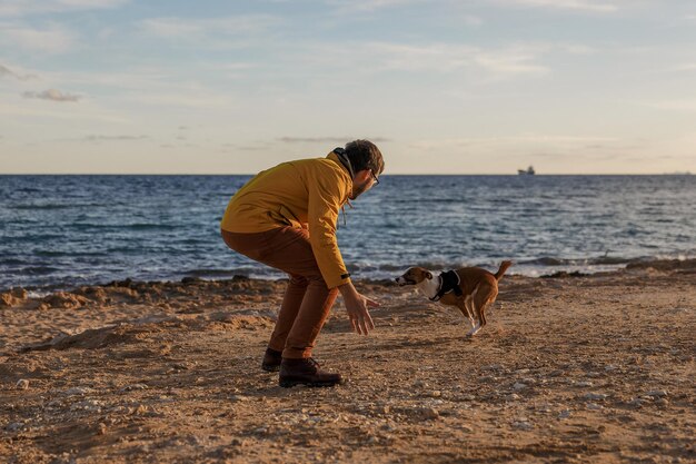 Hombre elegante paseando a su perro por el mar Cuidando animales