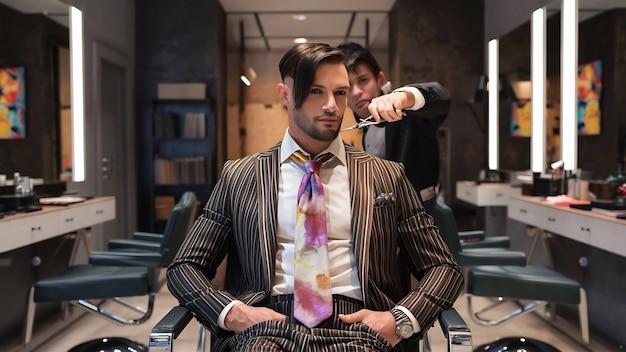 Hombre elegante sentado en una barbería