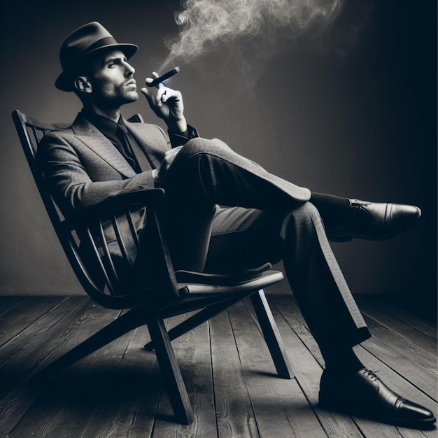 Hombre elegante en un sillón fumando un cigarro