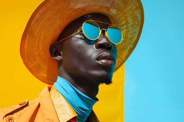 Hombre elegante con sombrero amarillo y gafas de sol IA generativa