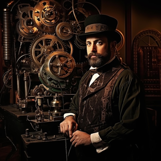 Hombre elegante steampunk con chaqueta de cuero y sombrero IA generativa