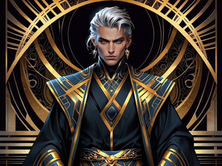 Hombre en elegante traje antiguo negro y dorado