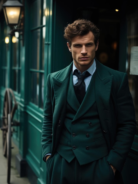 Hombre en elegante traje estilo pandilla Peaky Blinders anticuado retro