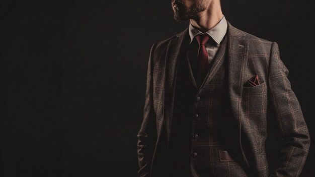 Hombre elegante en traje a medida de pie en una habitación oscura