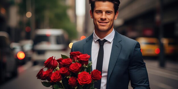 Un hombre elegante en traje con un ramo de rosas en la ciudad hombre romántico IA generativa