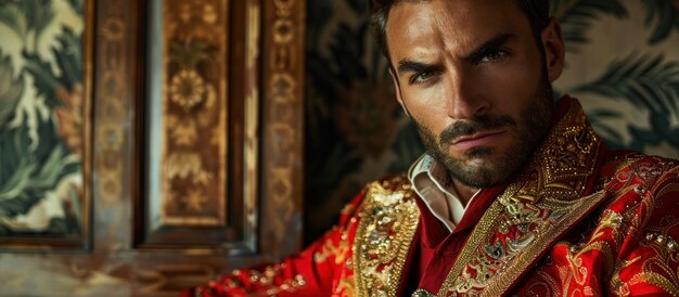 Hombre elegante con traje rojo y dorado