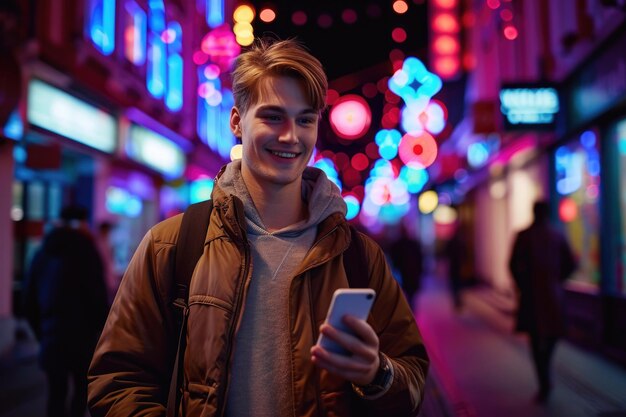 Hombre elegante usando un teléfono inteligente en una ciudad iluminada con luces de neón