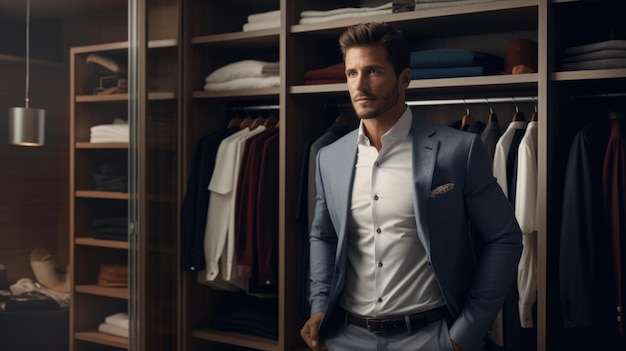 Hombre elegante en el vestuario moderno. Estilo y moda para hombres. Bandera de IA