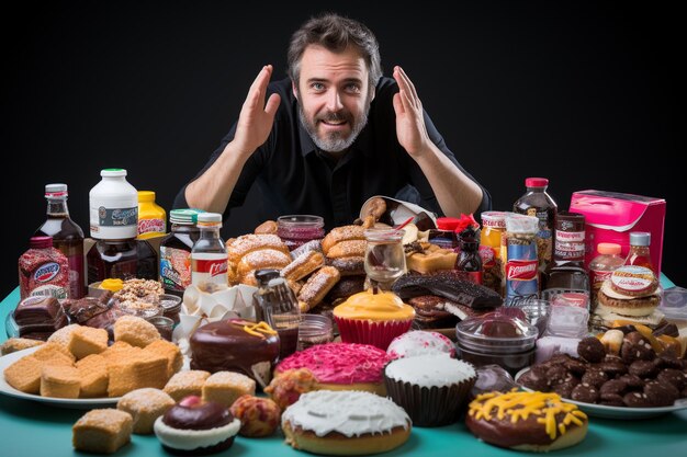 Foto el hombre elige entre alimentos saludables o no saludables